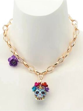Betsey Johnson Gold-Tone Chain Necklace with Multicolor Floral Sugar Skull